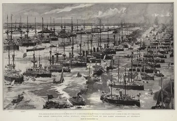 La Grande Parade Navale du Couronnement, vue aérienne de la flotte assemblée à Spithead